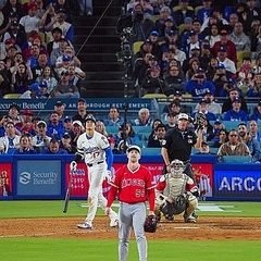 ドジャース・大谷翔平が16号を放った瞬間、バックネット裏で立ち上がる「千鳥」の大悟（右端）【写真：荒川祐史】